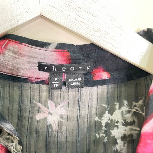 Theory Women's Size TP Black Sheer Silk Blend Floral Print Button Down Shirt - Picture 3 of 7